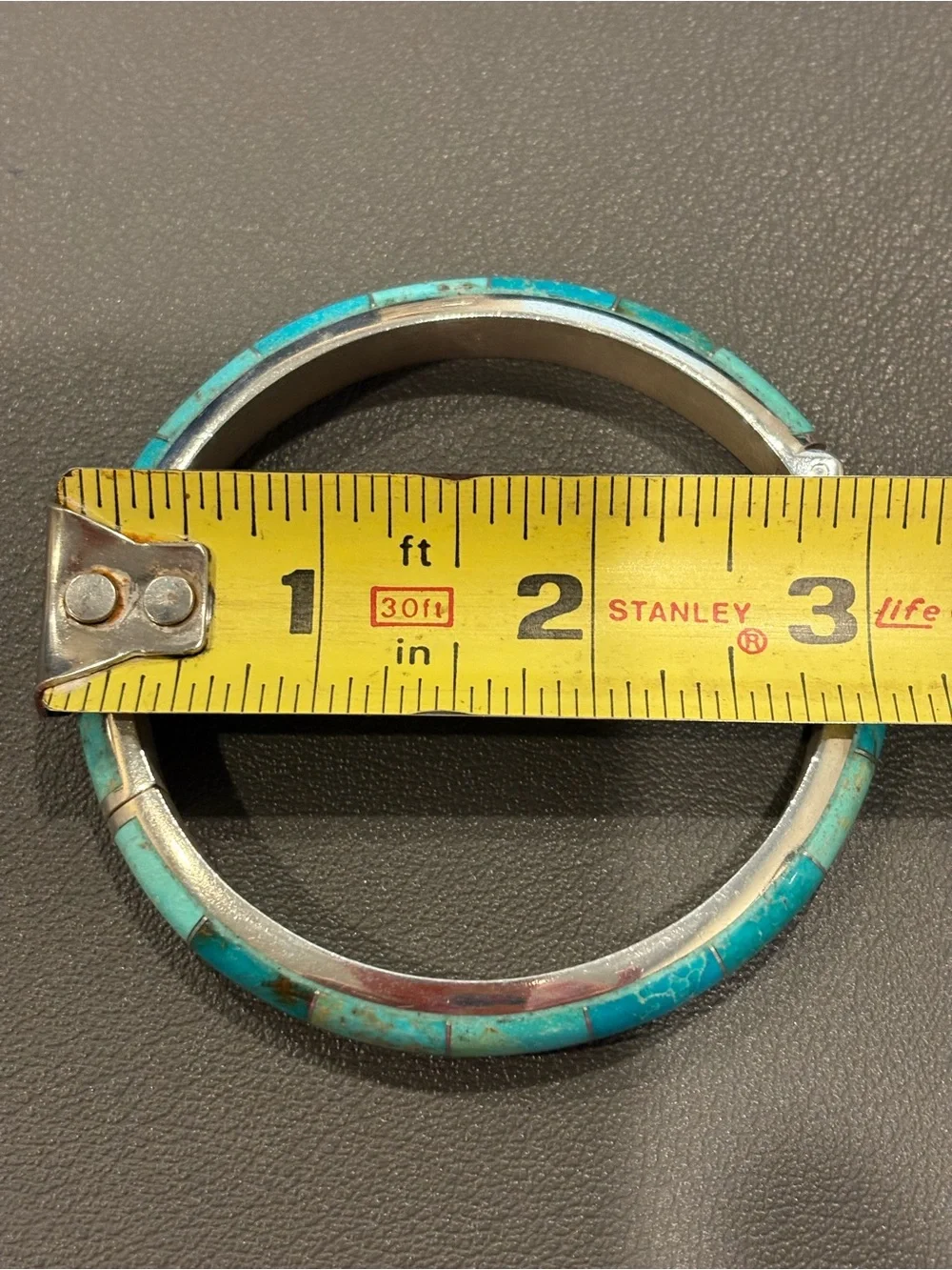 Turquoise Inlay Silver Hinged Bangle Bracelet - Blue Green